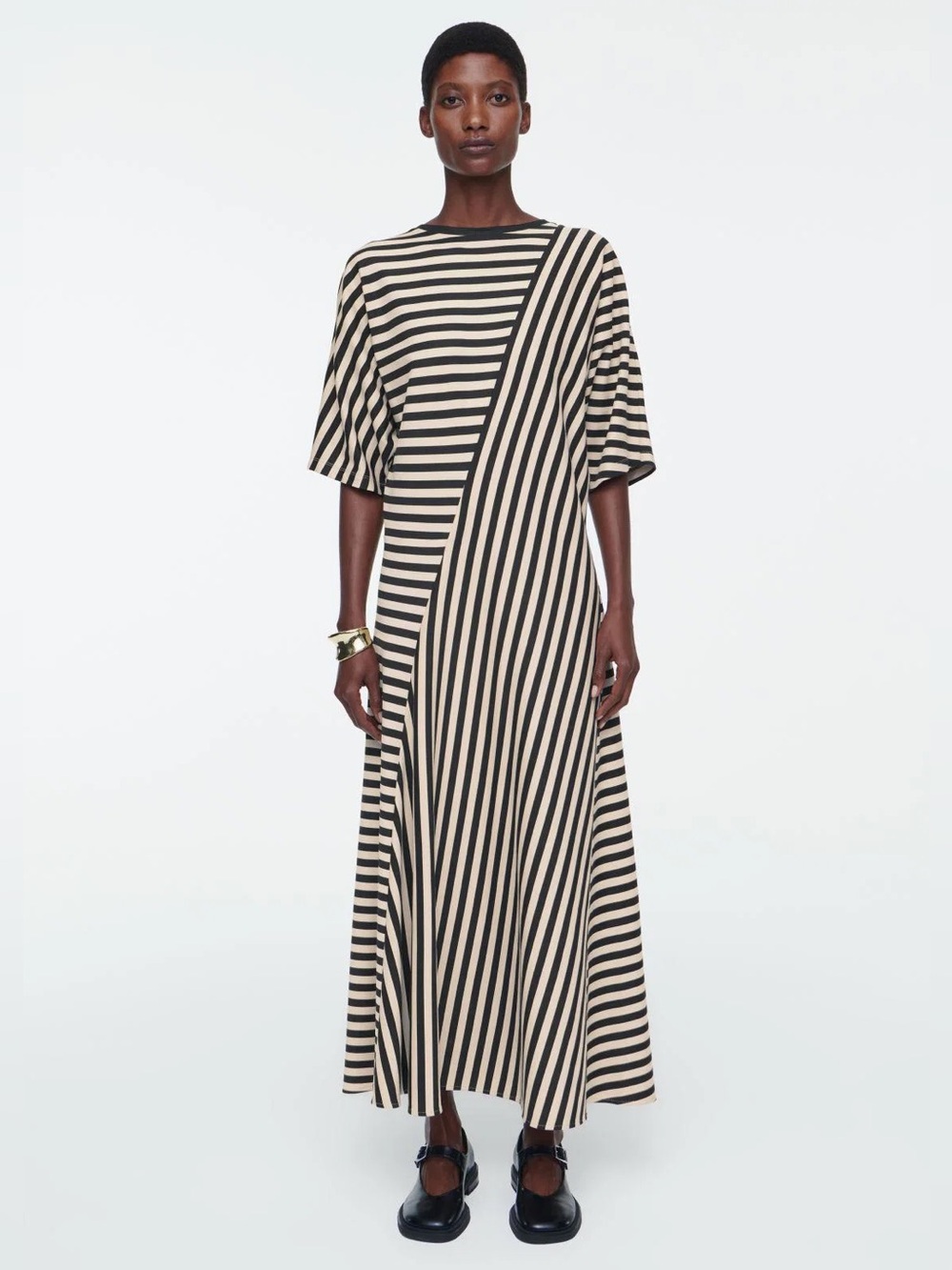 COS M Modern Stripe Asymmetrical Midi Dress Minimalist Cotton Angular Flowy Fall